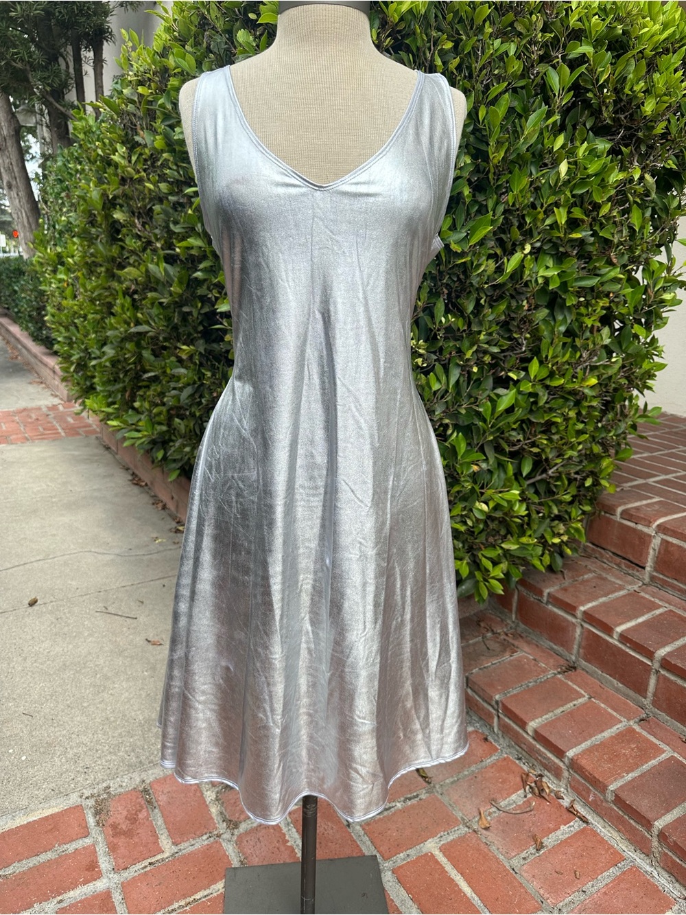 Silver scoop neck sleeveless knee length dress